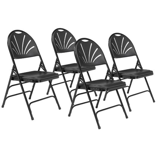 Picture of NPS® 1100 Series Deluxe Fan Back With Triple Brace Double Hinge Folding Chair, Black (Pack of 4)