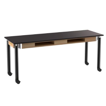 Picture of NPS® Signature Science Lab Table, Black, 24 x 72, Chemical Resistant Top, Book Compartments and Casters