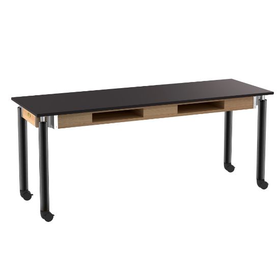 Picture of NPS® Signature Science Lab Table, Black, 24 x 72, Chemical Resistant Top, Book Compartments and Casters